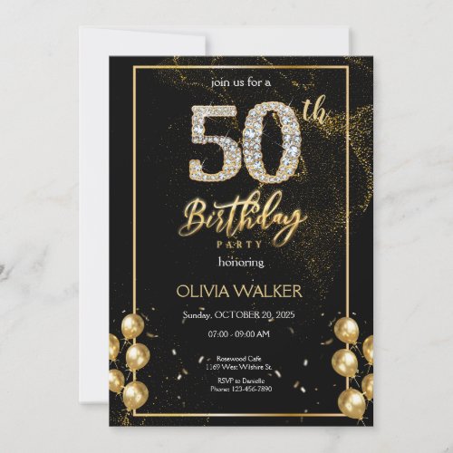 50th Diamond Black and Gold Birthday  Invitation