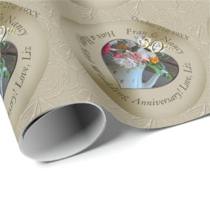50th Diamond Taupe Heart Photo Wrapping Paper