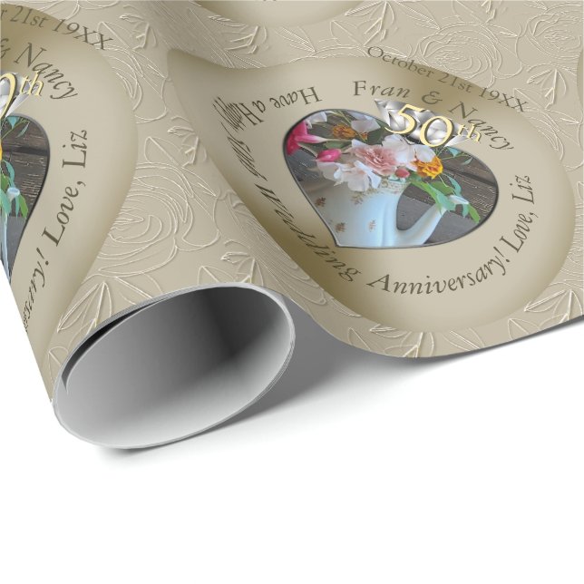 50th Diamond Taupe Heart Photo  Wrapping Paper (Roll Corner)