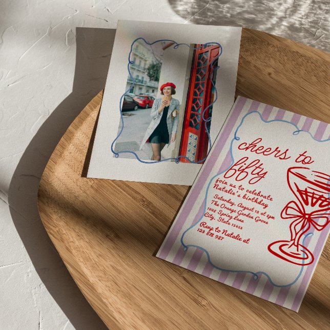 50th Drawn Colorful Champagne Fifty Photo Birthday Invitation (Creator Uploaded)