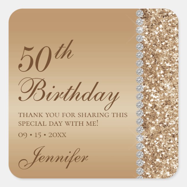 50th Elegant Gold Birthday Square Sticker (Front)