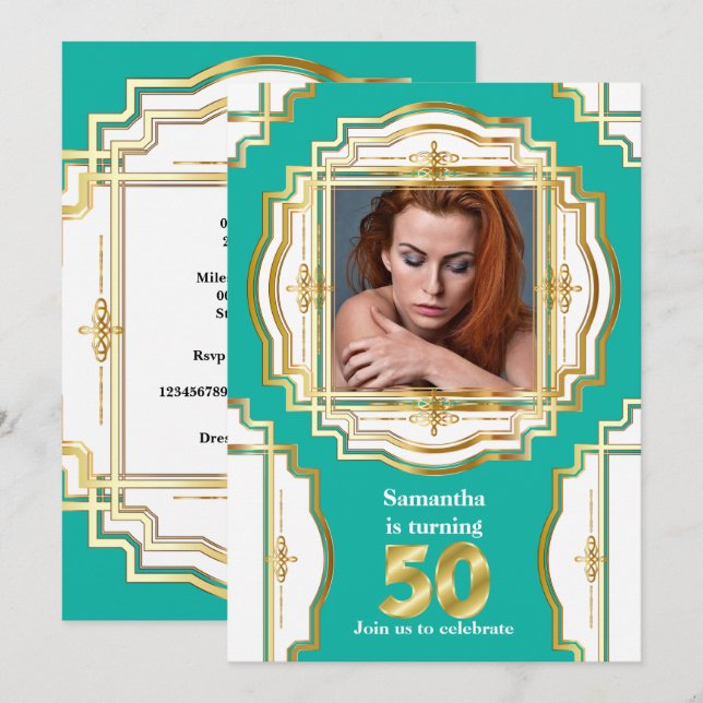 50th elegant gold teal white photo frame fifty invitation (Front/Back)