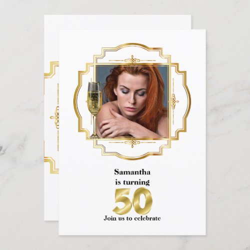 50th elegant gold white photo frame fifty champers invitation