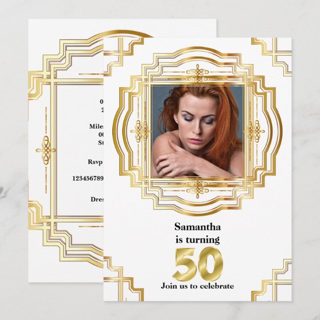 50th elegant gold white photo frame fifty chic invitation (Front/Back)