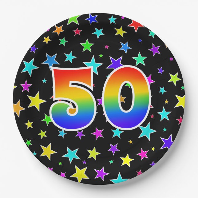 50th Event: Bold, Fun, Colorful Rainbow 50 Paper Plates (Front)