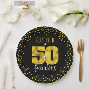 50th fabulous birthday black gold foil dots glam paper plates