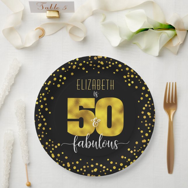 50th fabulous birthday black gold foil dots glam paper plates (Wedding)