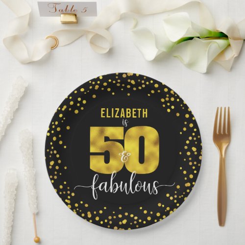 50th fabulous birthday black gold foil glitter dot paper plates