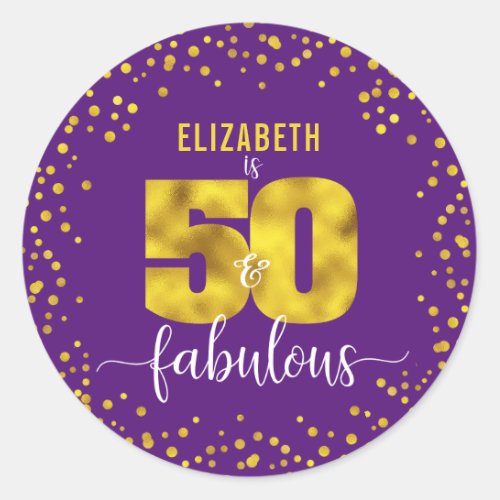 50th fabulous birthday glam gold foil dots purple classic round sticker