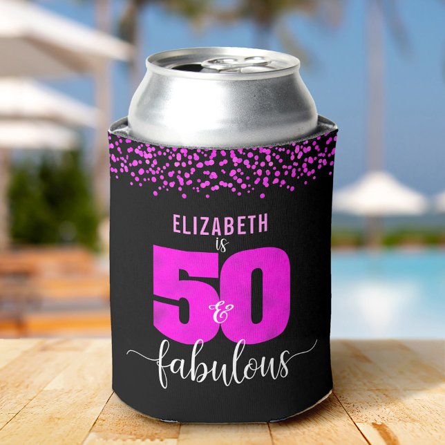 50th fabulous birthday hot pink dots black glam can cooler (Creator Uploaded)
