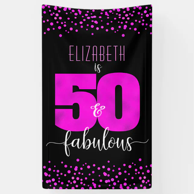 50th Fabulous Birthday Hot Pink Foil Dots On Black Banner Zazzle