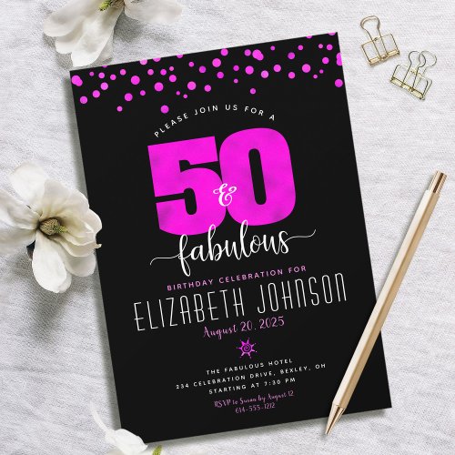 50th fabulous birthday hot pink foil dots on black invitation
