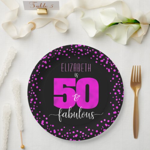 50th fabulous birthday hot pink foil dots on black paper plates