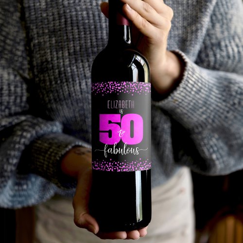 50th fabulous birthday hot pink foil dots on black wine label