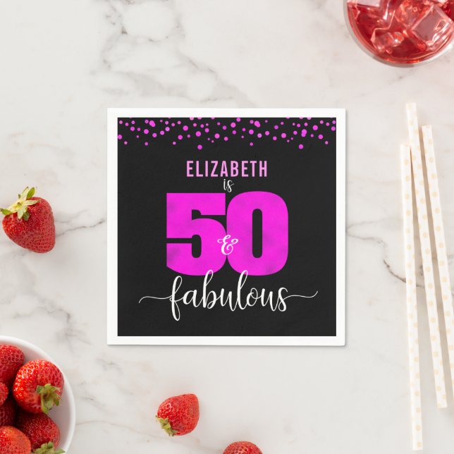 50th fabulous birthday hot pink glam dots black napkins (Insitu)