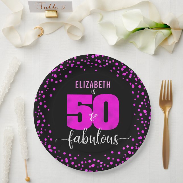 50th fabulous birthday hot pink glam dots black paper plates (Wedding)
