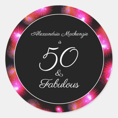 50th Fabulous Birthday Pink Fireworks for Women Classic Round Sticker