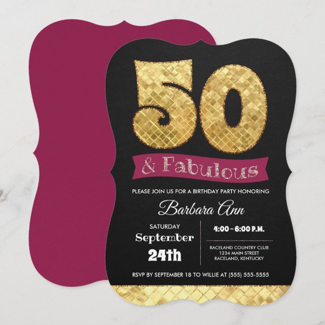 50th Fabulous Gold and Pink Fifty Birthday Invitation (Front/Back)