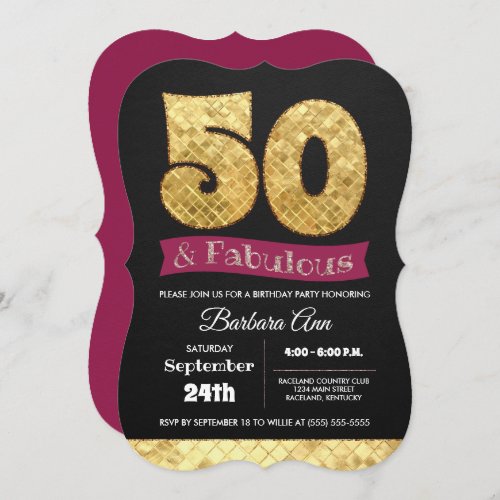 50th Fabulous Gold and Pink Fifty Birthday Invitation