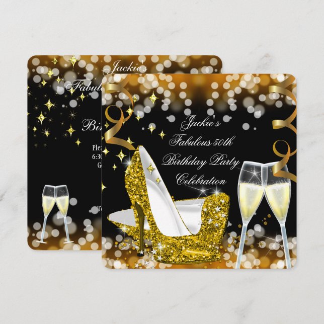 50th Fabulous Gold Glitter High Heels Birthday Invitation (Front/Back)