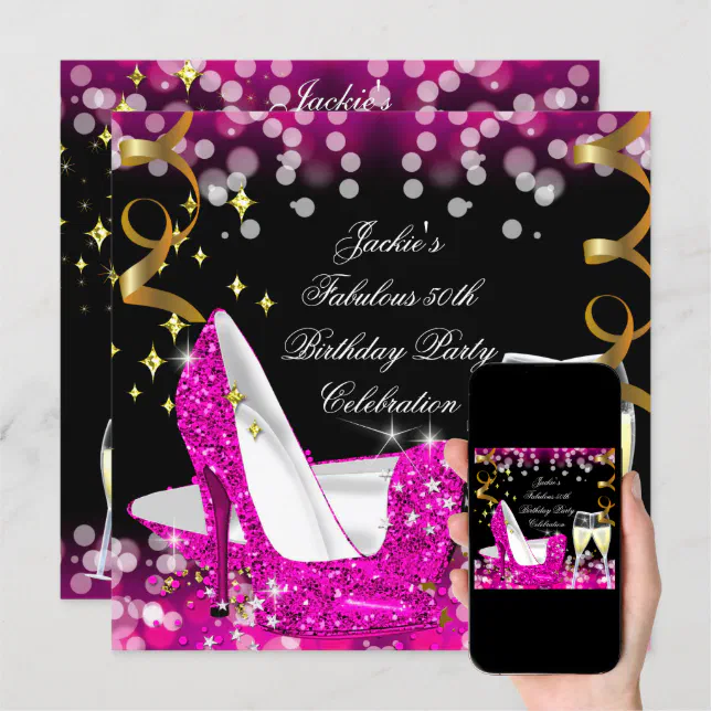 50th Fabulous Hot Pink Glitter High Heel Birthday Invitation | Zazzle