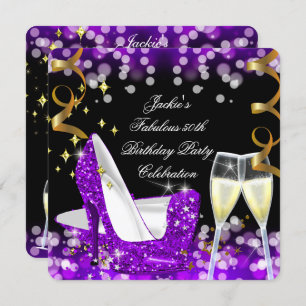 50th Fabulous Purple Glitter High Heel Birthday Invitation