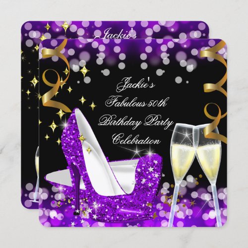 50th Fabulous Purple Glitter High Heel Birthday Invitation