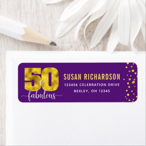 50th fabulous purple gold foil dots glam address label