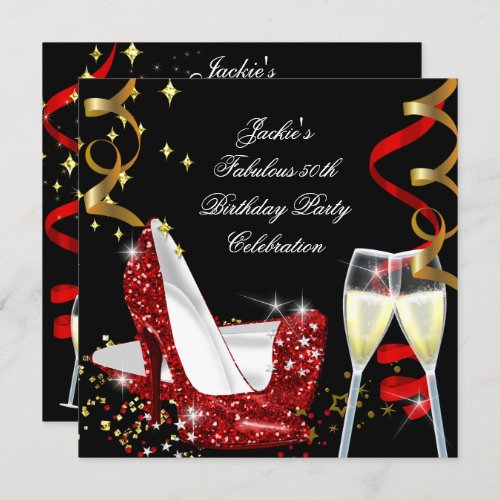 50th Fabulous Red Glitter High Heel Birthday Invitation