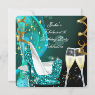 50th Fabulous Teal Glitter High Heels Birthday 2 Invitation