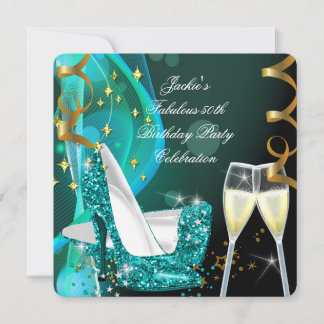 50th Fabulous Teal Glitter High Heels Birthday 2 Invitation