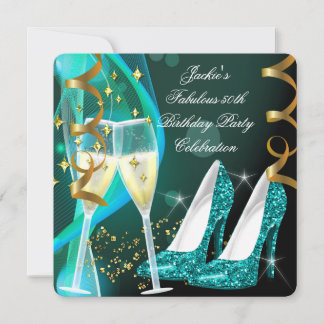 50th Fabulous Teal Glitter High Heels Birthday Invitation