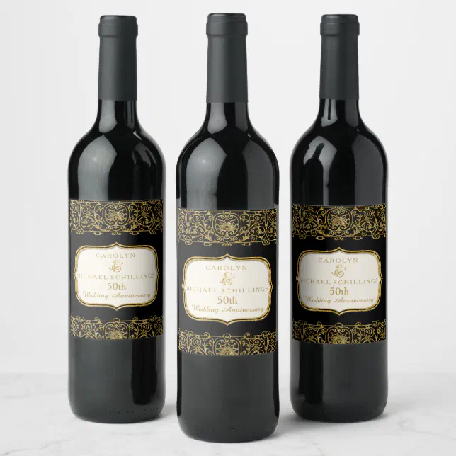 50th Fiftieth Golden Anniversary Black And Gold Wine Label 