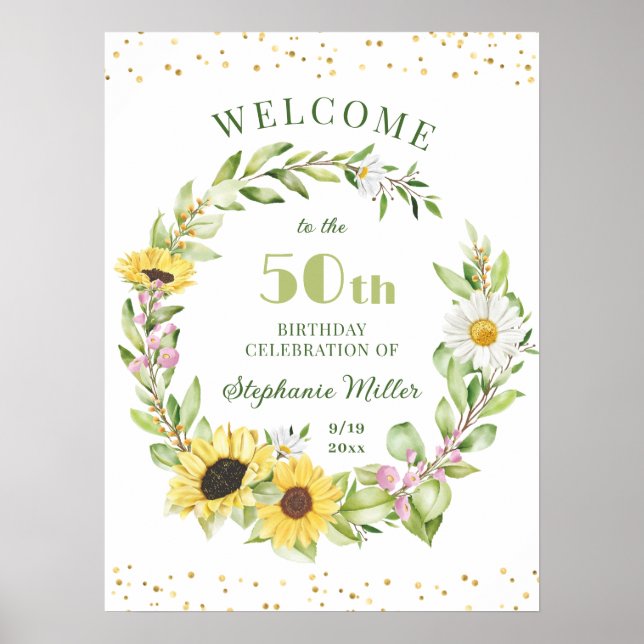 50th Fifty Birthday Party Sunflower Floral Welcome Poster (Front)