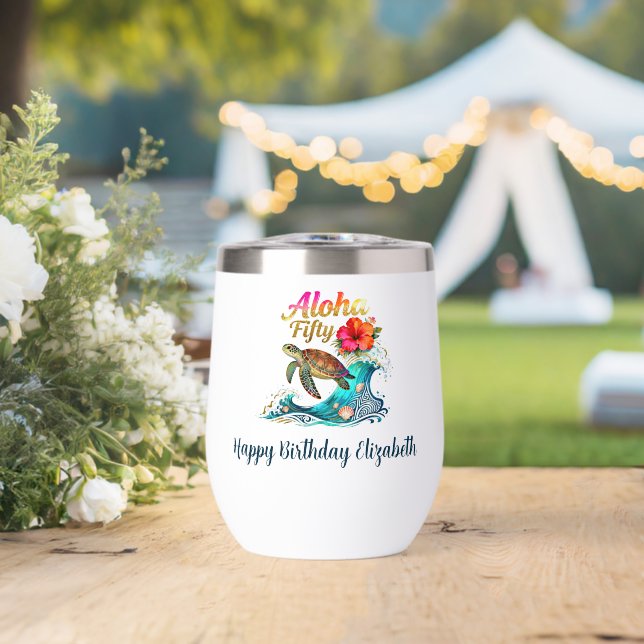 50th Fifty Birthday Tropical Ocean Beach Theme  Thermal Wine Tumbler (Wedding (Rotated))