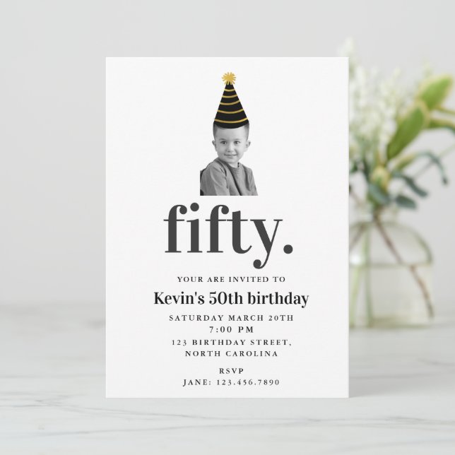 50th Fifty Modern Photo Birthday Funny Face Invitation (Standing Front)
