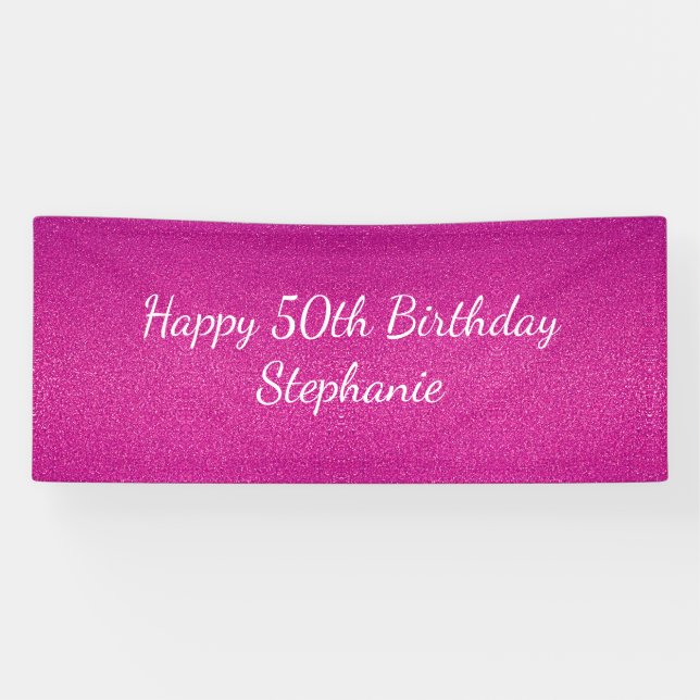 50th Fifty Pink Glittery Happy Birthday Party 2024 Banner (Horizontal)