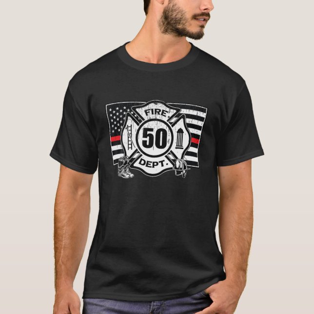 50Th Firefighter Birthday Thin Red Line Flag T-Shirt (Front)