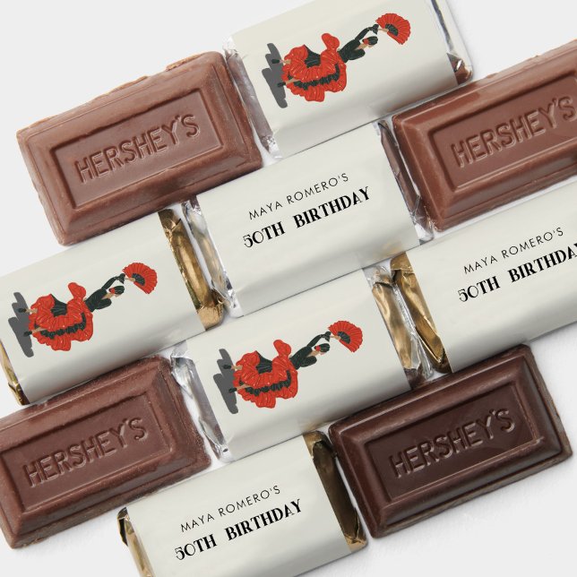 50th Flamenco Dancer Birthday Party Hershey's Miniatures (Red and black flamenco fan illustration 50th birthday party custom chocolate favor wrappers.)