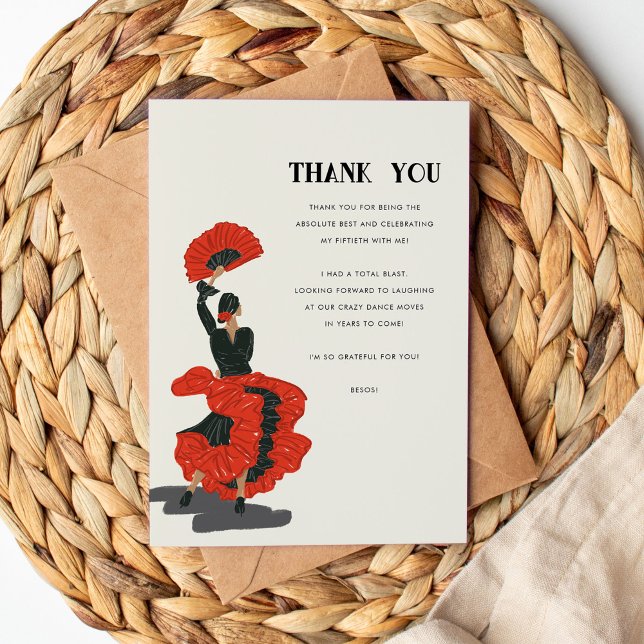 50th Flamenco Dancer Birthday Party Thank You Card (Red and black flamenco dancer illustration Thank You flat card.)