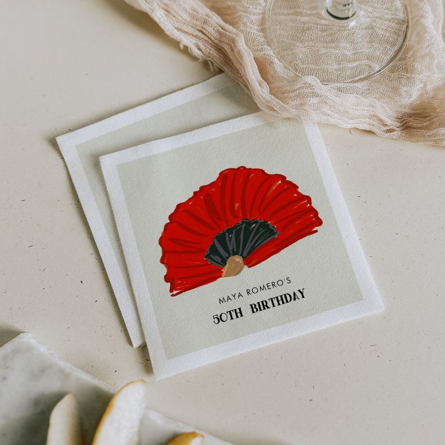 50th Flamenco Fan Birthday Party Napkins (Red and black flamenco fan 50th birthday party paper napkins.)