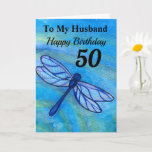 50th For My Husband Blue Dragonfly Birthday Card<br><div class="desc">Celebrate your husband's 50th birthday on a brave blue dragonfly card. Created from my original watercolor painting,  the whimsical insect flies peacefully by with ocean blue,  black and teal green colors. Enjoy the message of congratulations with all your love.</div>