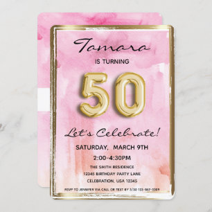 50th Girl Birthday Pink and Gold Invitation