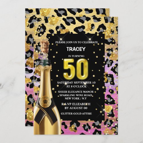 50th glam diva pink gold leopard safari print invitation