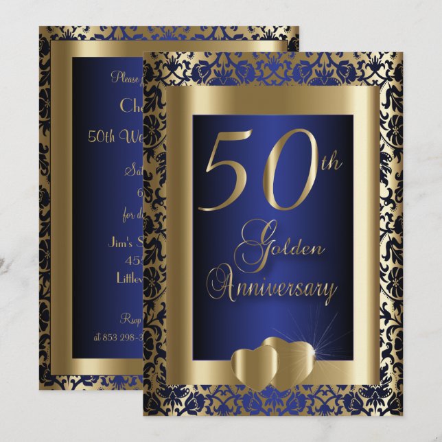 50th Gold and Blue Wedding Anniversary | DIY Text Invitation (Front/Back)