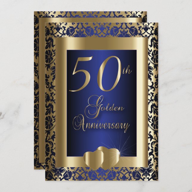50th Gold and Blue Wedding Anniversary | DIY Text Invitation (Front/Back)