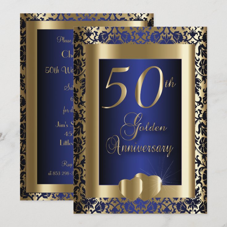 50th Gold and Blue Wedding Anniversary | DIY Text Invitation | Zazzle