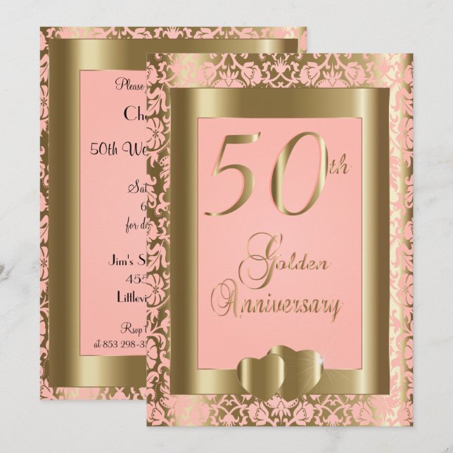 50th Gold and Pink Rose Wedding Anniversary Invitation (Front/Back)