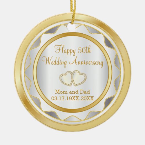 50th Gold and White Wedding Anniversary Ceramic Ornament