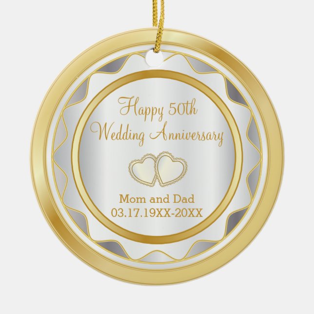 50th Gold and White Wedding Anniversary Ceramic Ornament (Front)